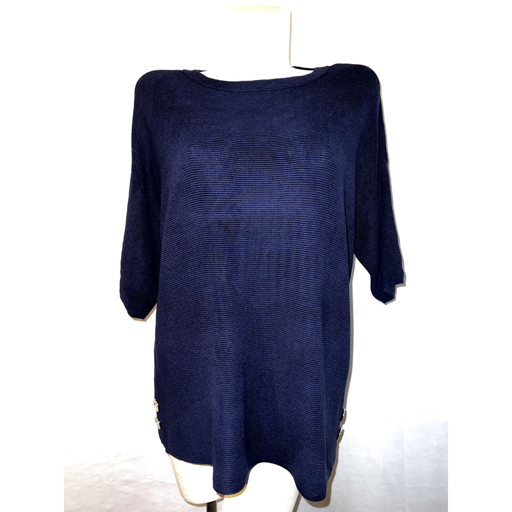 CHICO'S Top Size XL (3) Blue Rayon Knit 3/4 Sleeve Sweater w/Gold Buttons